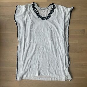 White Cotton Pom-Pom Trim V-Neck Women's Tunic Cover-Up